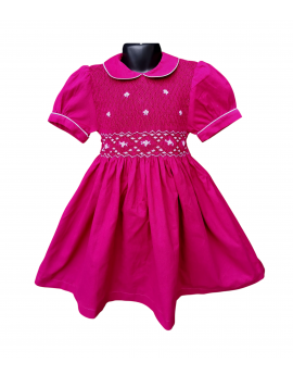 Robe smocks manches ballons col Claudine en coton piqué fuchsia