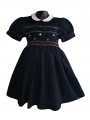 Robe smocks manches ballons col Claudine en coton piqué bleu marine