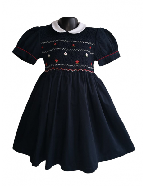 Robe smocks manches ballons col Claudine en coton piqué bleu marine