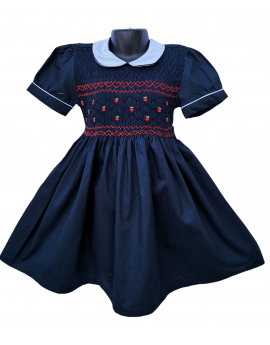 Robe smocks manches ballons col Claudine en coton piqué bleu marine