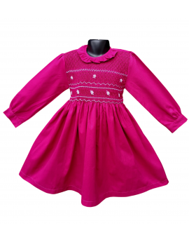 Robe smocks manches longues col Pierrot en coton piqué fuchsia