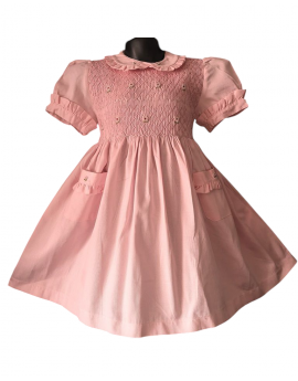 Robe smocks manches ballons col brodé en coton piqué rose