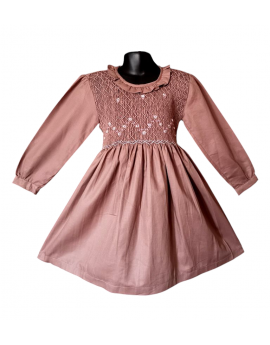 Robe smocks manches longues col volant en coton taupe