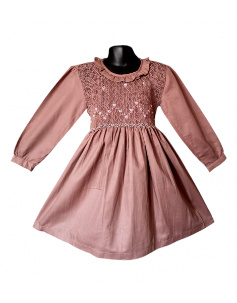 Robe smocks manches longues col volant en coton taupe