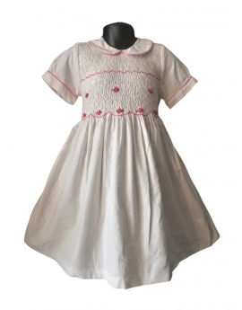 Robe smocks manches ballons col Claudine en coton piqué bleu marine