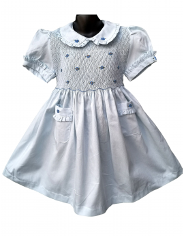 Robe smocks manches ballons col brodé en coton piqué bleu ciel