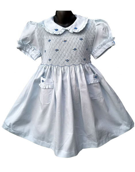Robe smocks manches ballons col brodé en coton piqué bleu ciel