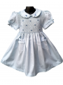 Robe smocks manches ballons col brodé en coton piqué bleu ciel