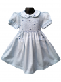 Robe smocks manches ballons col brodé en coton piqué bleu ciel
