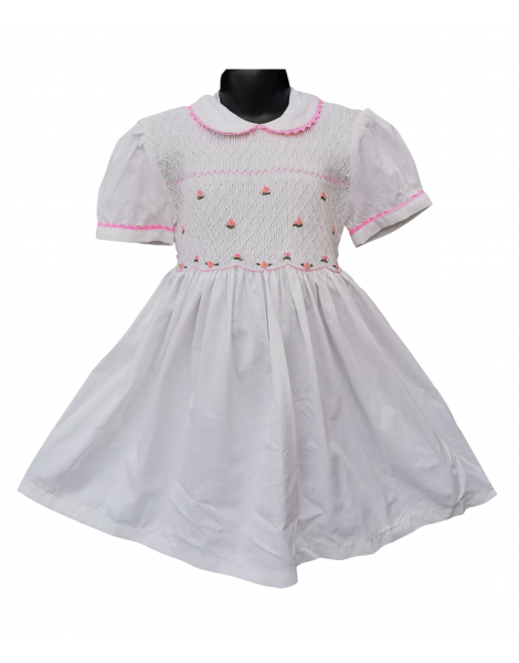 Robe smocks manches ballons  en coton piqué blanc