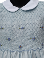 Robe smocks manches ballons col blanc en coton piqué bleu ciel