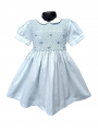 Robe smocks manches ballons col blanc en coton piqué bleu ciel