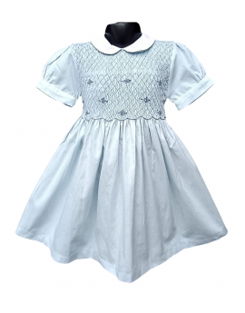 Robe smocks manches ballons col blanc en coton piqué bleu ciel