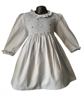 Robe smocks manches longues col Pierrot en coton piqué bleu ciel