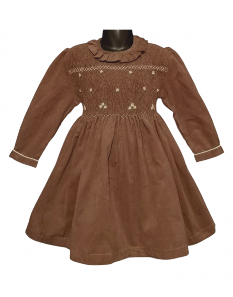 Robe smocks manches longues en velours marron