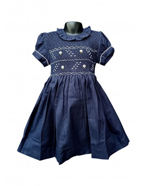 Robe smocks manches ballons en coton finette épais bleu marine