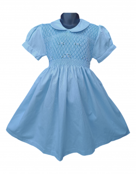 Robe smocks manches ballons en coton piqué bleu ciel