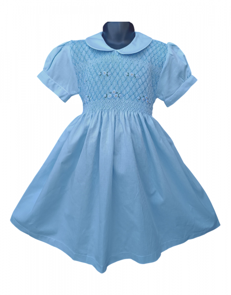 Robe smocks manches ballons en coton piqué bleu ciel