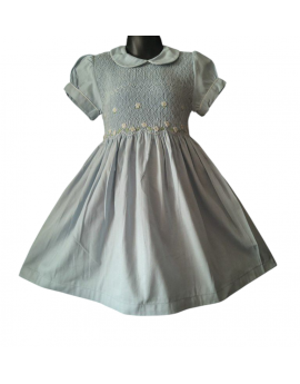 Robe smocks manches ballons en coton bleu ciel