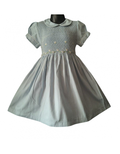 Robe smocks manches ballons en coton bleu ciel