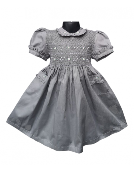 Robe smocks manches ballons col brodé en coton piqué gris