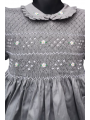 Robe smocks manches ballons col brodé en coton piqué gris