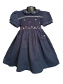 Robe smocks manches ballons col brodé en coton piqué bleu marine