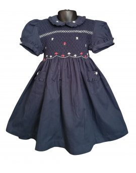 Robe smocks manches ballons col brodé en coton piqué bleu marine