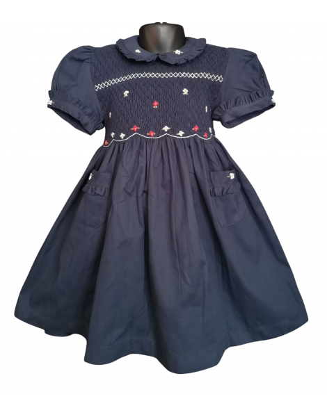 Robe smocks manches ballons col brodé en coton piqué bleu marine