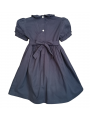 Robe smocks manches ballons col brodé en coton piqué bleu marine