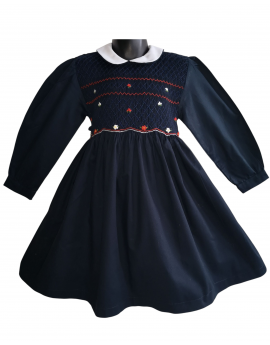 Robe smocks manches longues col Claudine en coton piqué bleu marine