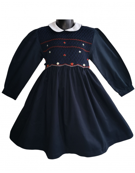 Robe smocks manches longues col Claudine en coton piqué bleu marine