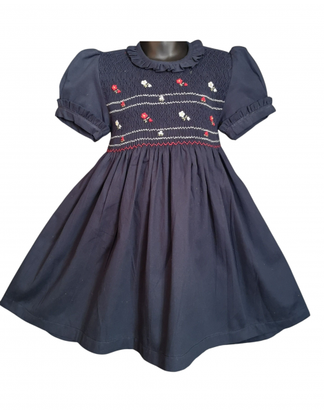 Robe smocks manches ballons col Pierrot en coton piqué bleu marine
