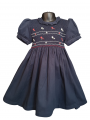 Robe smocks manches ballons col Pierrot en coton piqué bleu marine