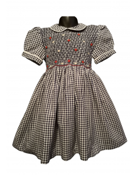 Robe smocks manches ballons en coton finette vichy marine