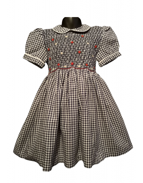 Robe smocks manches ballons en coton finette vichy marine