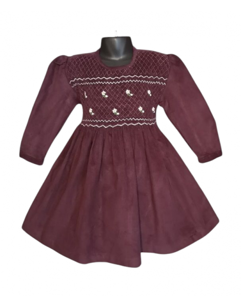 Robe smocks manches longues en velours grenat