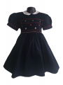 Robe smocks manches ballons col Claudine en coton piqué bleu marine