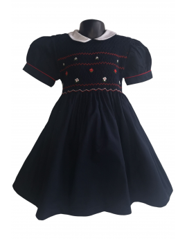 Robe smocks manches ballons col Claudine en coton piqué bleu marine