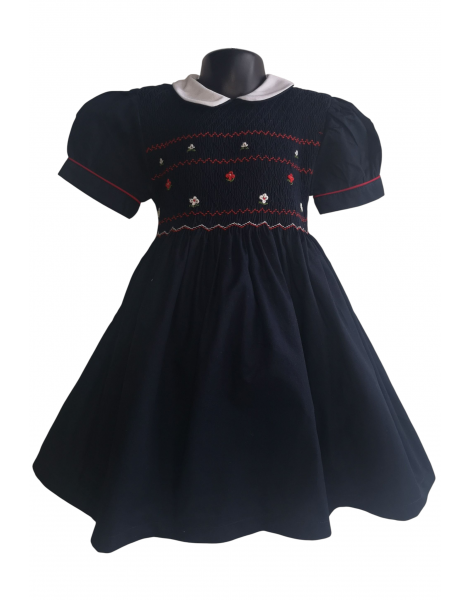 Robe smocks manches ballons col Claudine en coton piqué bleu marine