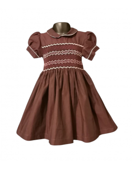 Robe smocks manches ballons col Claudine en coton grenat