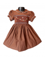 Robe smocks manches ballons col Claudine en coton marron