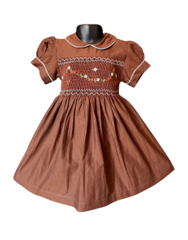 Robe smocks manches ballons col Claudine en coton marron