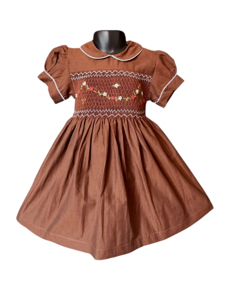 Robe smocks manches ballons col Claudine en coton marron