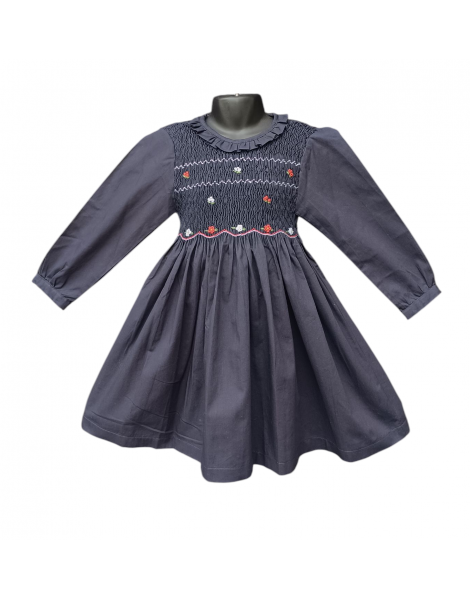 Robe smocks manches longues col Pierrot en coton piqué bleu marine