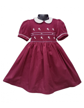 Robe smocks manches ballons  en coton piqué grenat