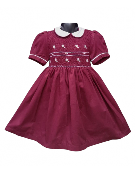Robe smocks manches ballons  en coton piqué grenat