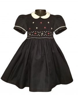 Robe smocks manches ballons col Claudine en coton bleu marine