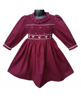 Robe smocks manches longues  en coton piqué grenat