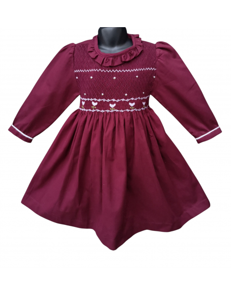 Robe smocks manches longues  en coton piqué grenat